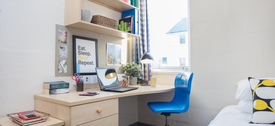 Bedroom, desk, blue chair, window, shelves, single bed, noticeboard