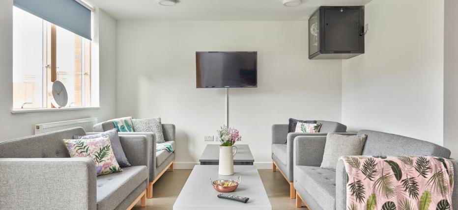 Kitchen, lounge, grey sofas, TV wall mounted, window, coffee tables