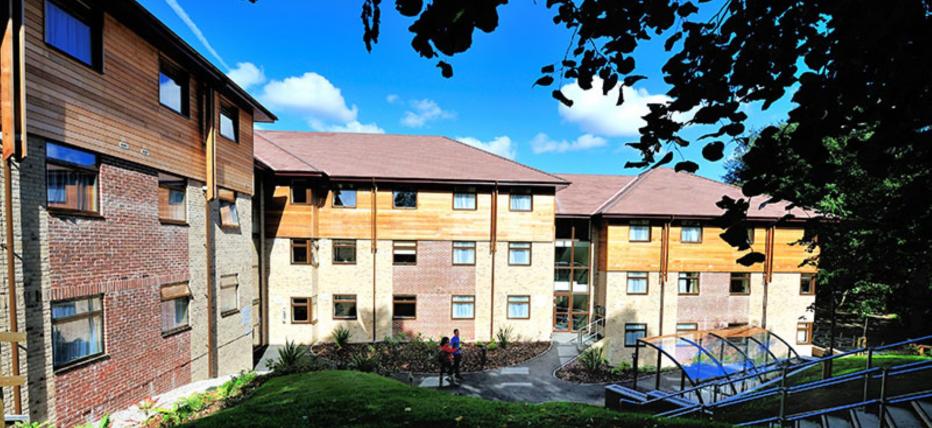 Three medium sized three floor accommodation blocks behind an arch of tree leaves and blue skies. Steps leading up away from the accommodation and covered bike storage directly in front.