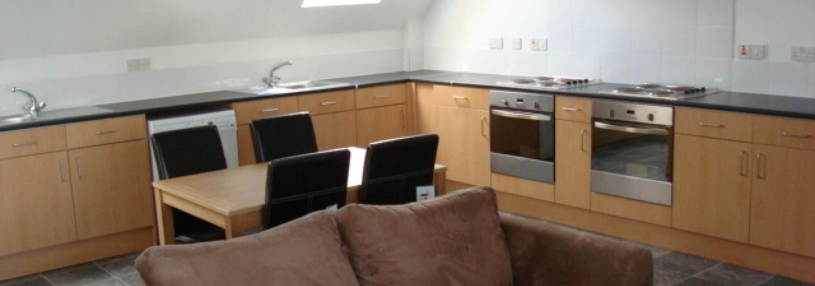 Shared kitchen, brown sofa, 2 hobs, 2 extractor fans, window, cupboards and sink