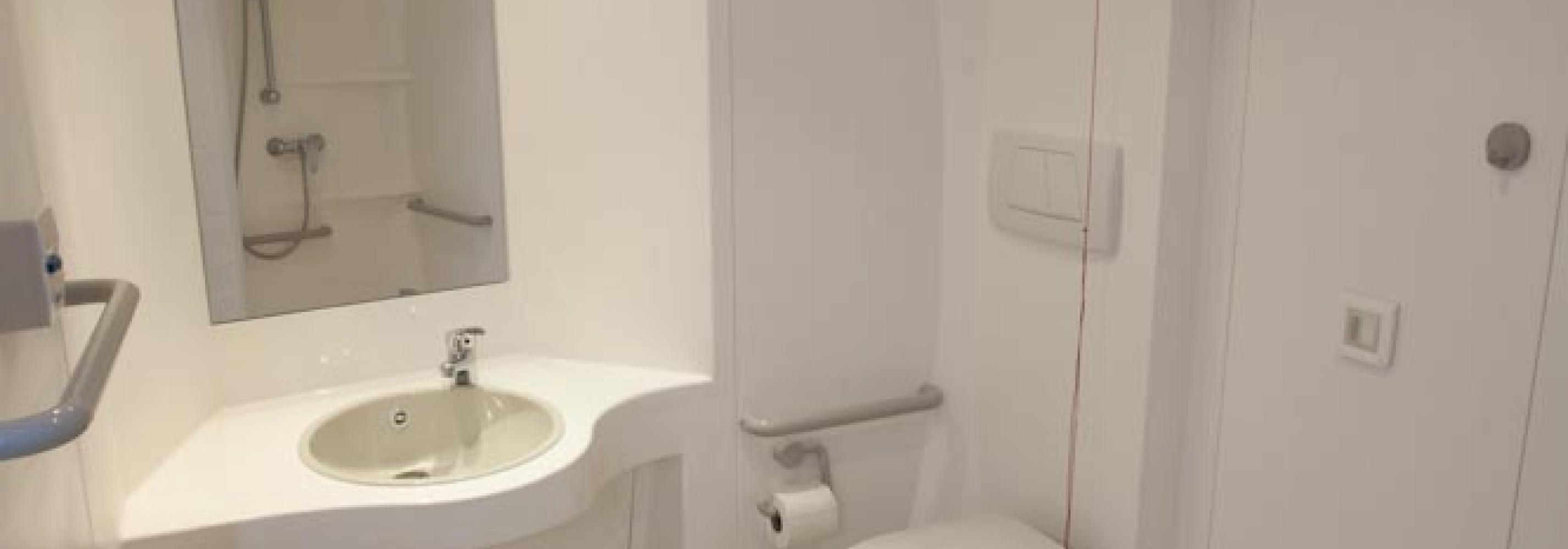 Accessible bathroom with shower, toilet, sink and mirror