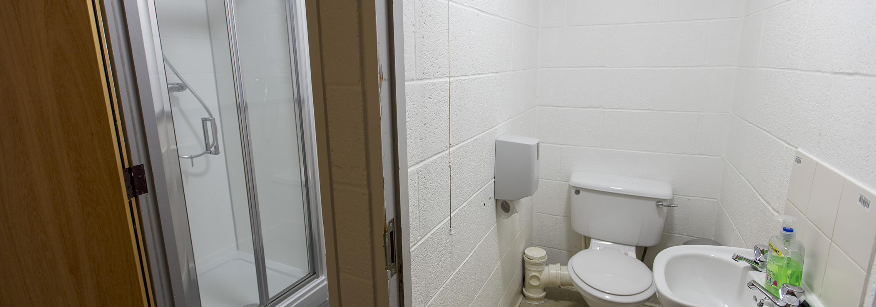 Shared bathroom facilities, toilet, dink, separate shower room, door
