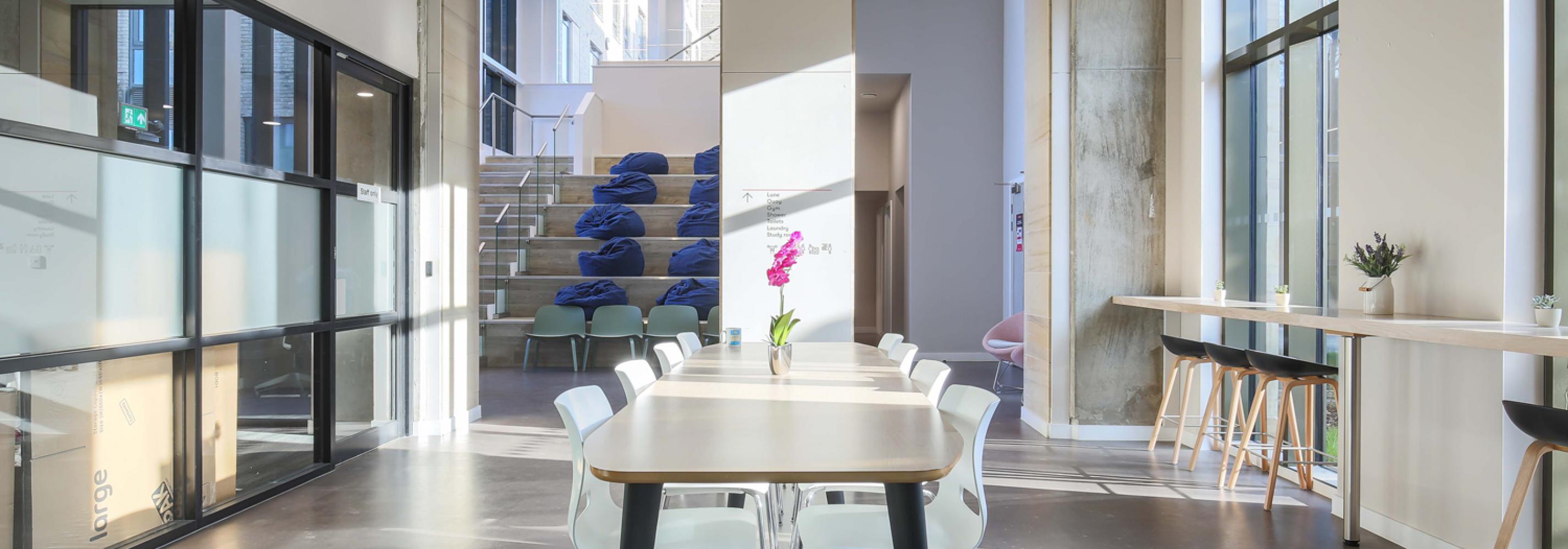 Reception area, long table in the middle, eight white chairs, stairs, ten blue bean bags on the stairs, pink chairs, four black bar stools