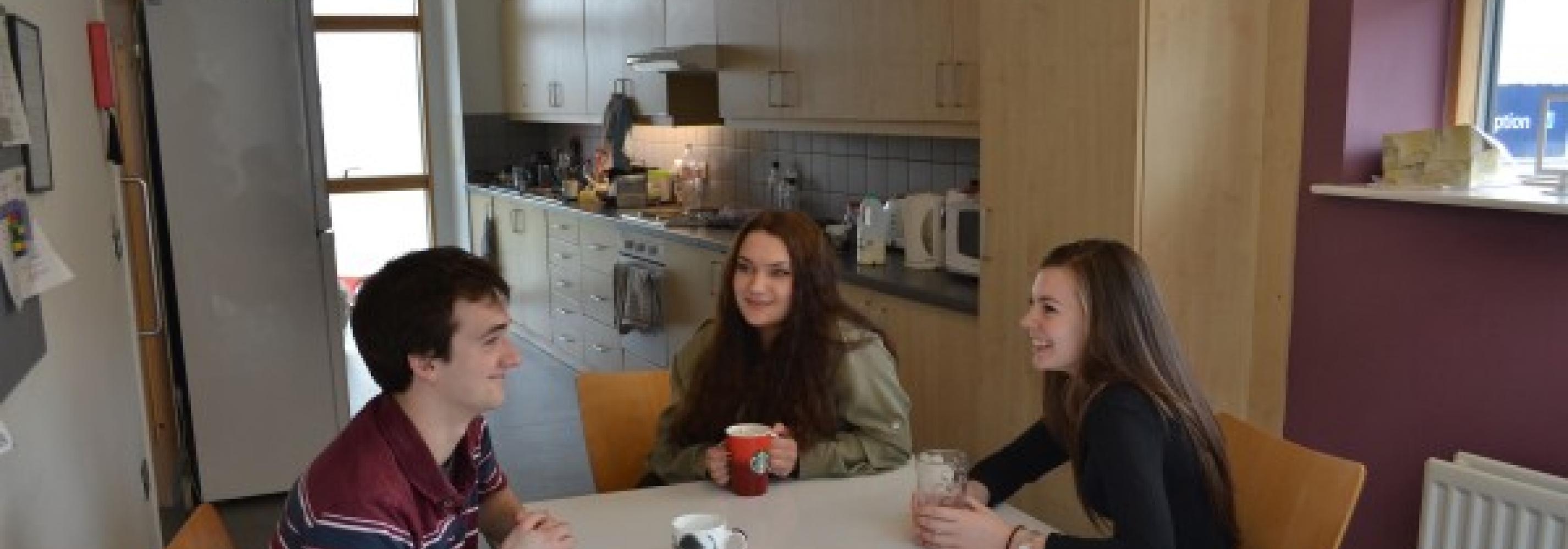 Students sat at dining table in a kitchen area with fridge freezer, oven, sink, kettle, toaster and microwave
