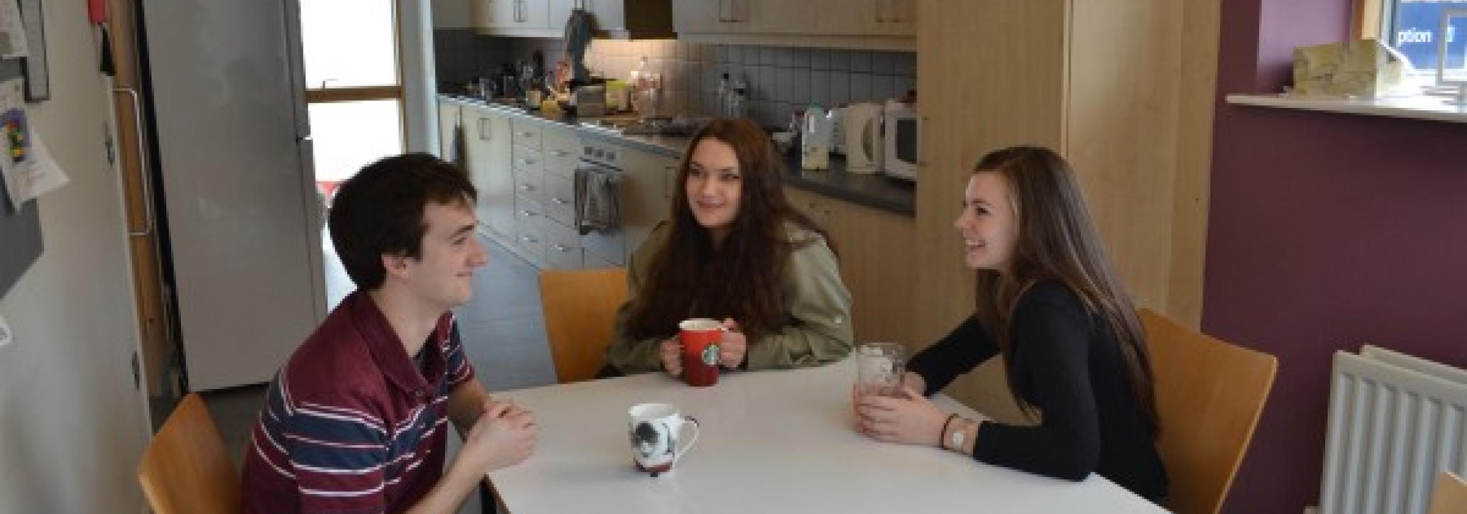 Students sat at dining table in a kitchen area with fridge freezer, oven, sink, kettle, toaster and microwave