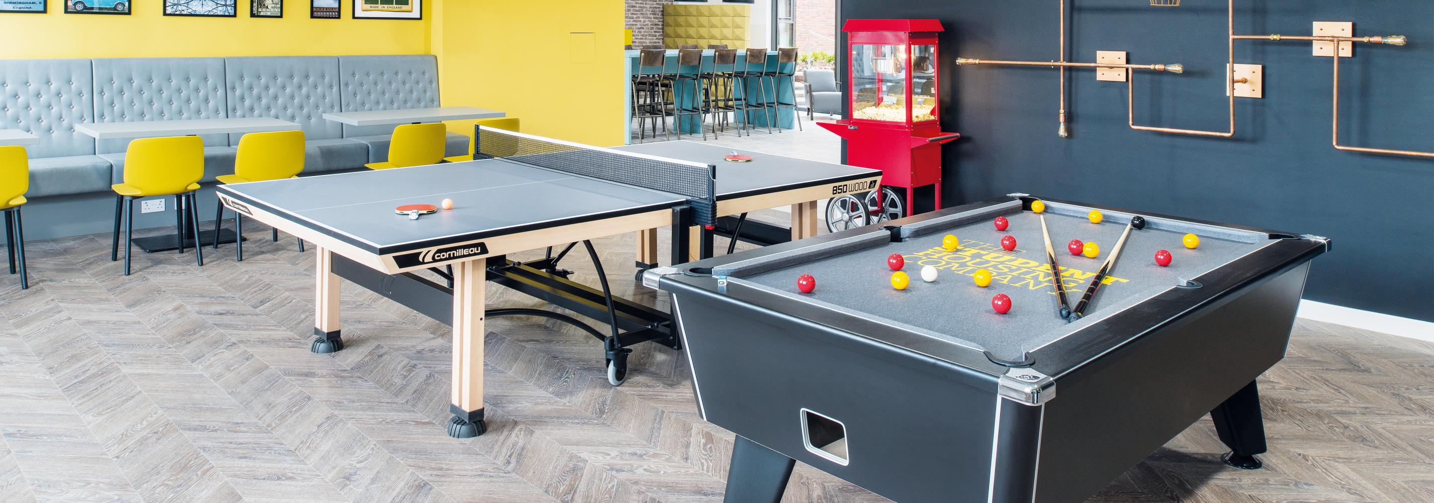 Common Room with Pool table and table tennis table.