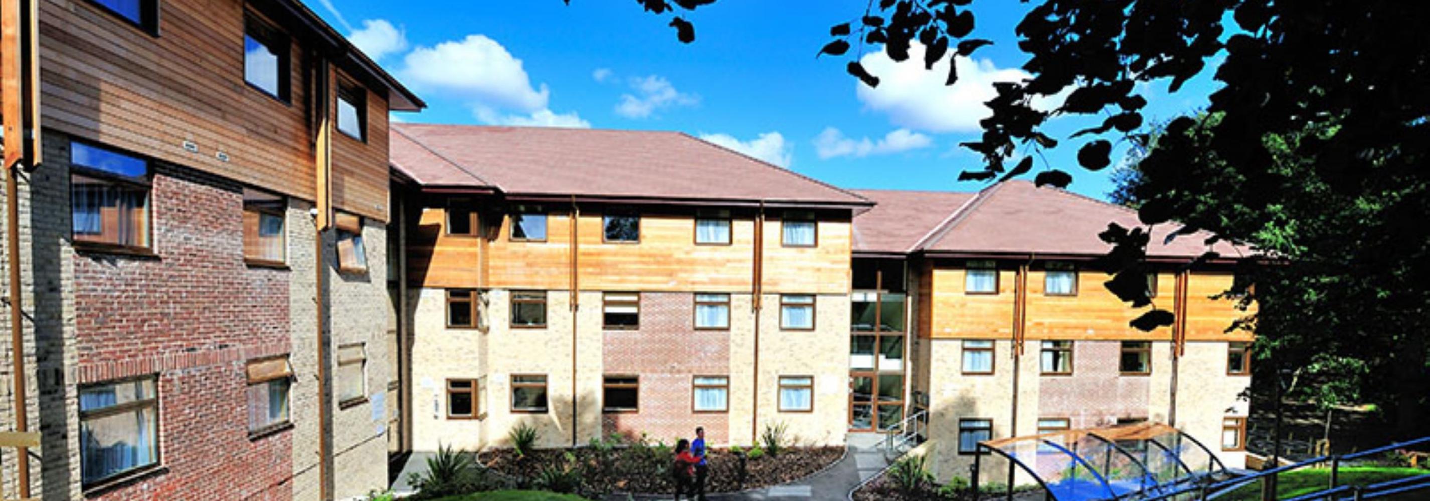 Three medium sized three floor accommodation blocks behind an arch of tree leaves and blue skies. Steps leading up away from the accommodation and covered bike storage directly in front.