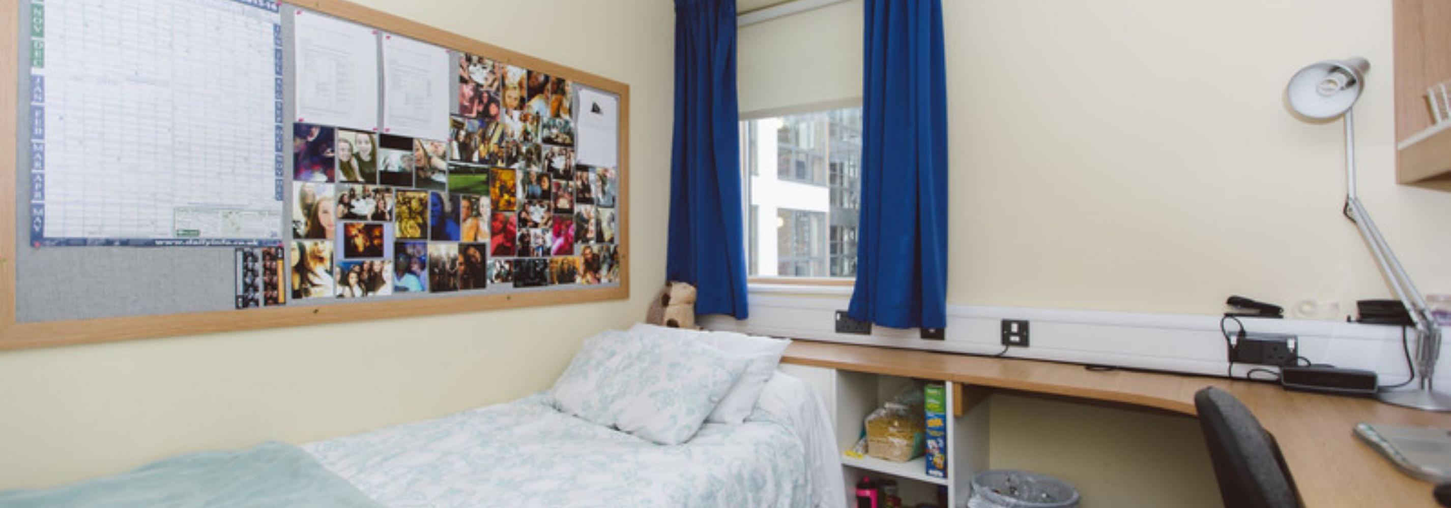 Single room with single bed to the left and large pin board along the side of the bed. Built in bed side table and desk. Window on the far wall with blue curtains.