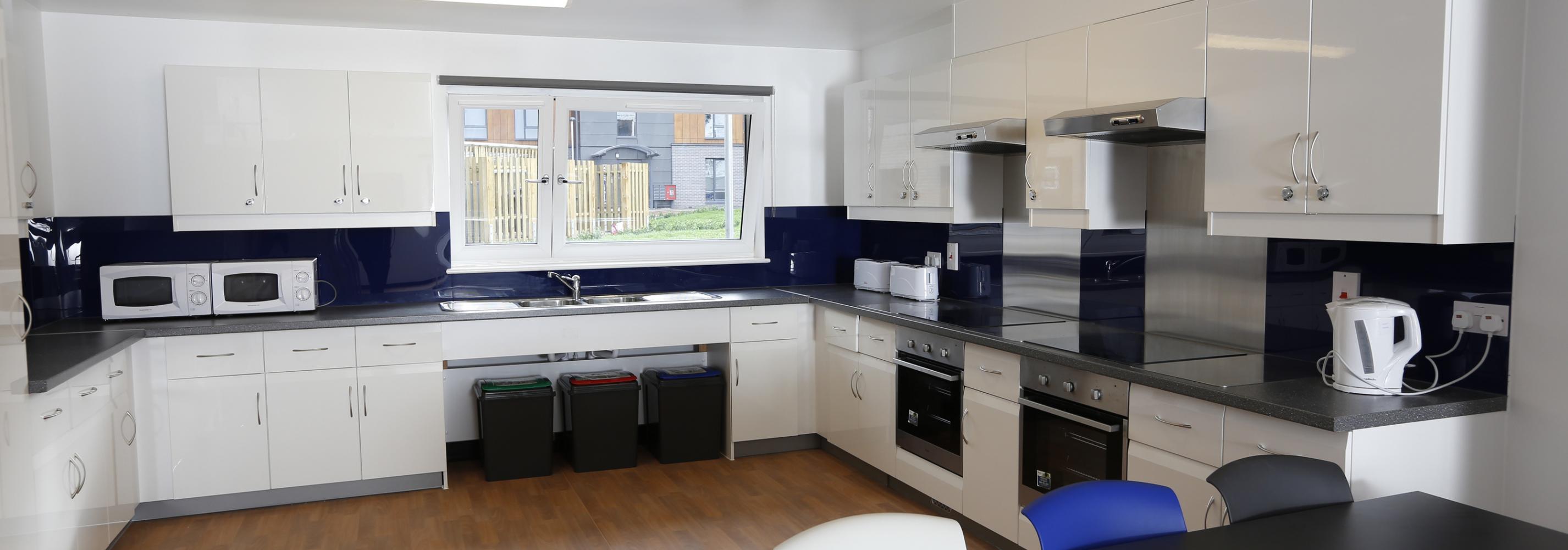 Townhouse kitchen with two ovens, two induction cookers, two microwaves, two toasters, a kettle and lockable storage space