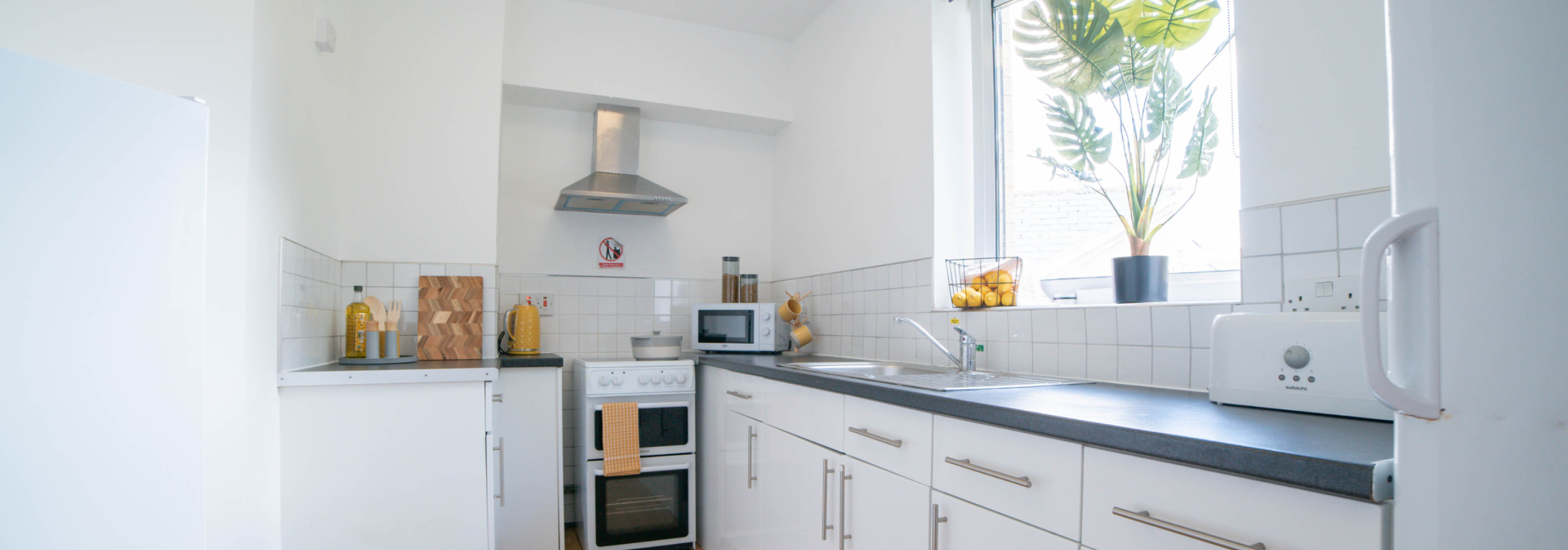 Shared kitchen and living space.