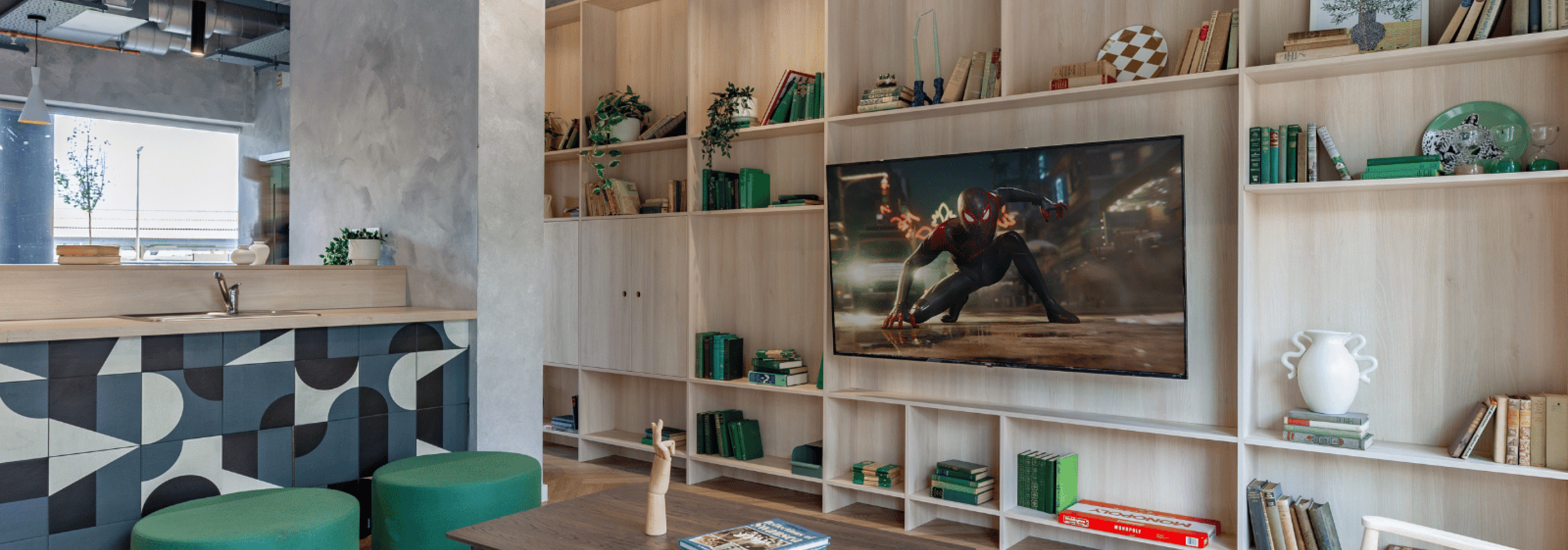 Social space with sofas and tv