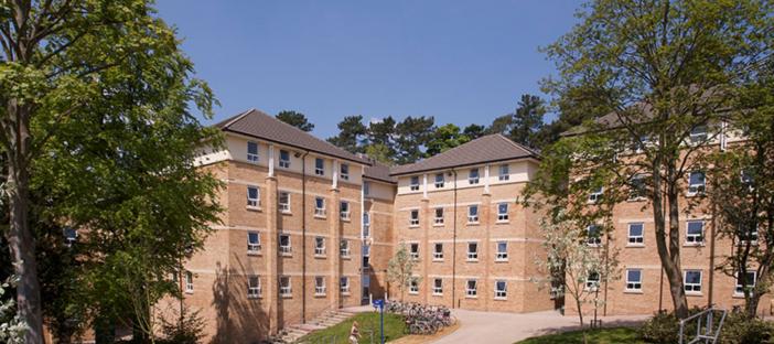 Three large four floor accommodation buildings with trees on either side and bright blue skies. Paved paths leading to the buildings with grassy areas between.